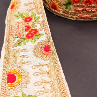 Beige Art Silk Fabric Trim With Green, Orange, Red And Gold Floral Embroidery